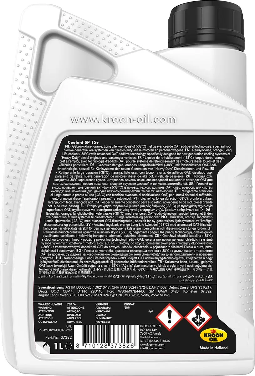 Kroon-Oil - Coolant SP 15+ - Long Life Koelvloeistof - 1 Liter - Oranje