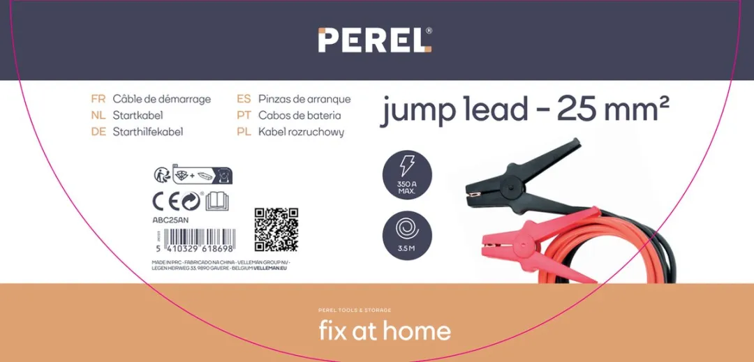 Perel Startkabelset voor benzine- en dieselmotoren, 12/24 V, met geïsoleerde accuklemmen, opbergtas, TÜV/GS/DIN-gecertificeerd, 25 mm², kunststof, 3 .5 meter