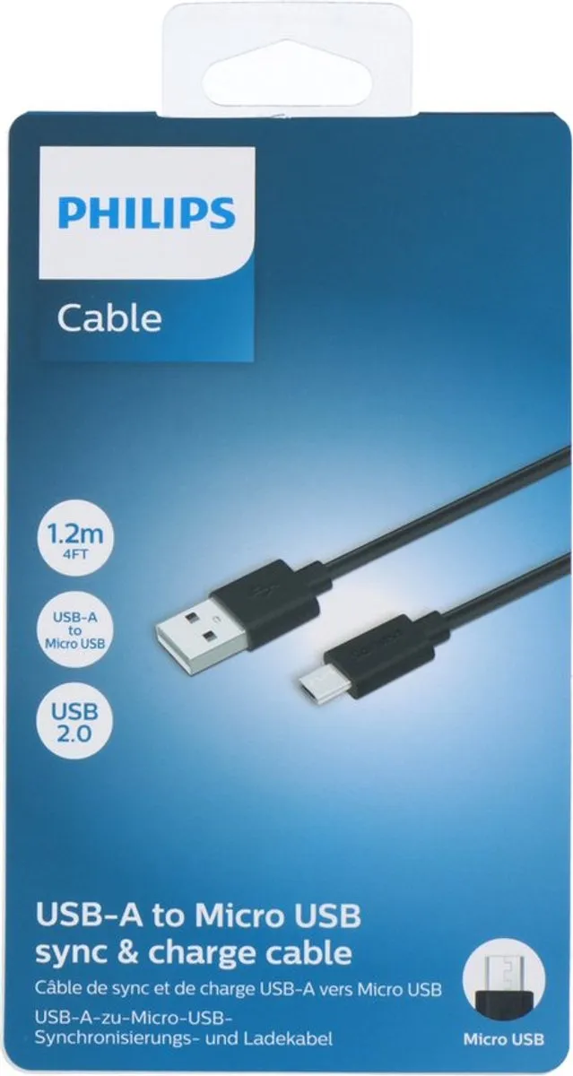Philips USB A naar micro USB Kabel 1,2M - Zwart