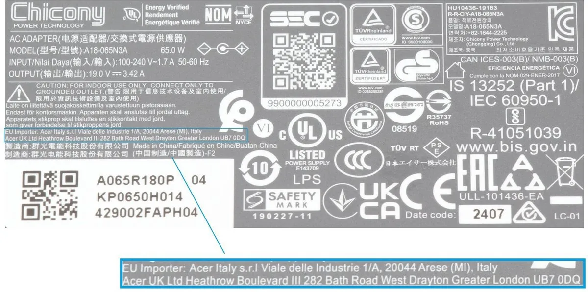 Acer AP.0650H.003 Oplader 65W - Laptop
