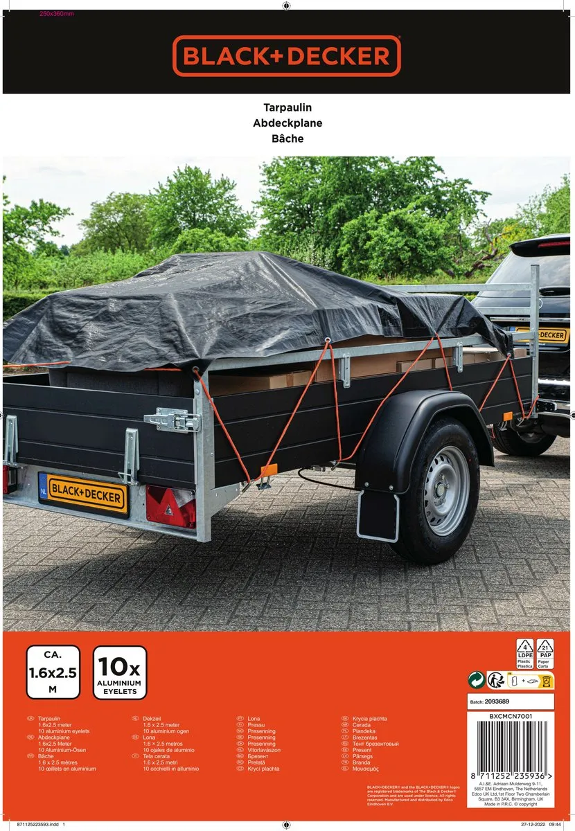 BLACK+DECKER Dekzeil voor aanhangwagen 1,6x2,5m - Zwart