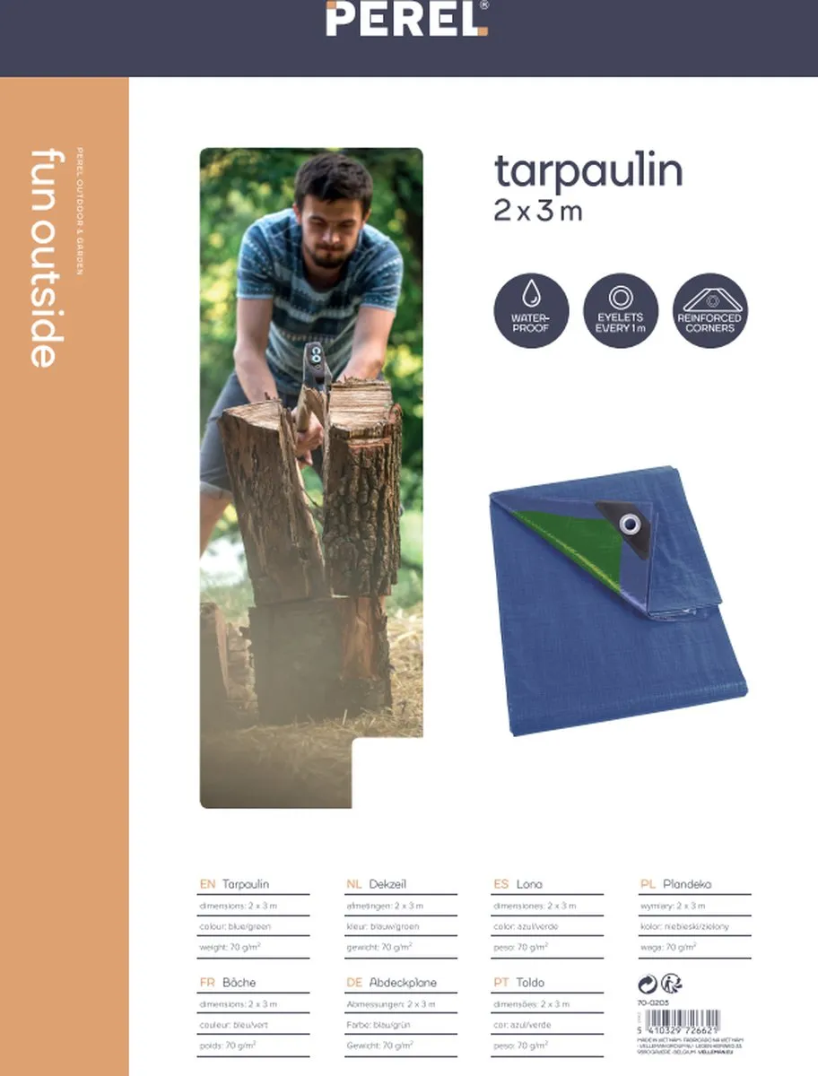 Perel Dekzeil, 10 ringen, versterkte hoeken, rechthoekig, blauw/groen, 70 g/m², 2 x 3 m