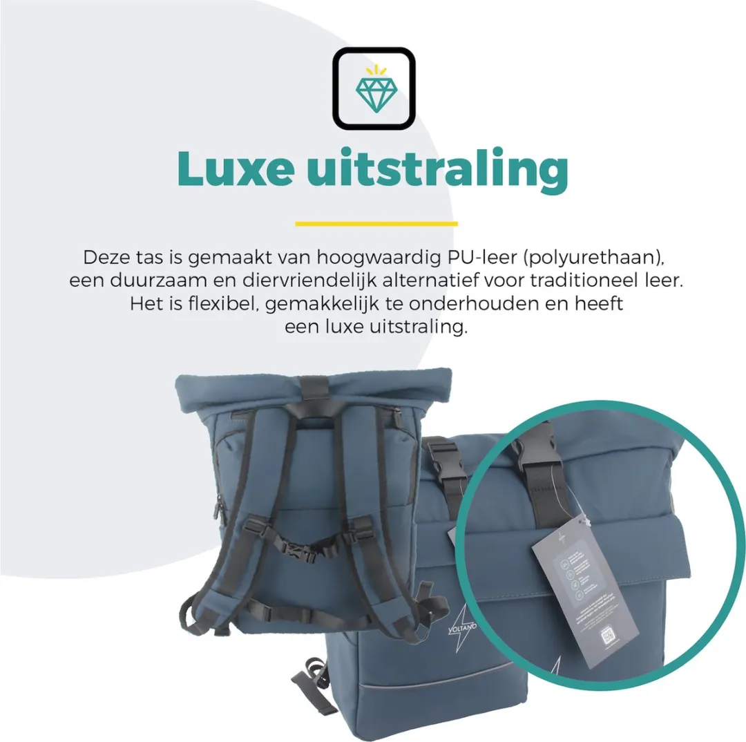 Voltano Luxe E-bike Rolltop Fietstas / Rugtas 28L - Space Blauw - Enkele Pakaftas - 100% Waterdicht - Groot Laptop Vak