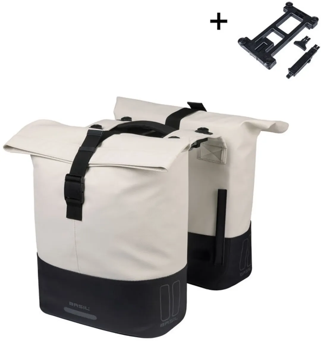 Basil Cove - Dubbele fietstas - 28-32 liter - Incl. MIK adapterplaat - Waterafstotend - Reflectie details - Gerecycled materiaal - wit/zwart