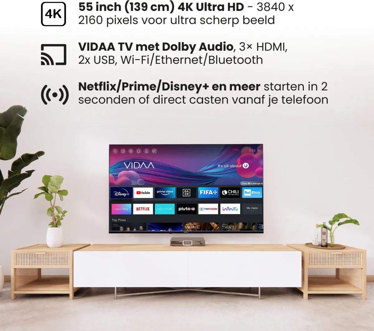 Salora FOD55UV 55 inch 4K Smart TV - Borderless - Zwart