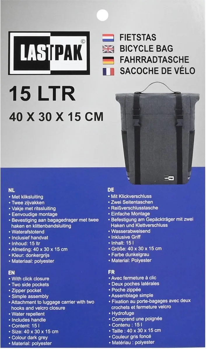 Lastpak enkele fietstas - donkergrijs - 15L - 34 X 36 X 15 cm - eenvoudig te bevestigen