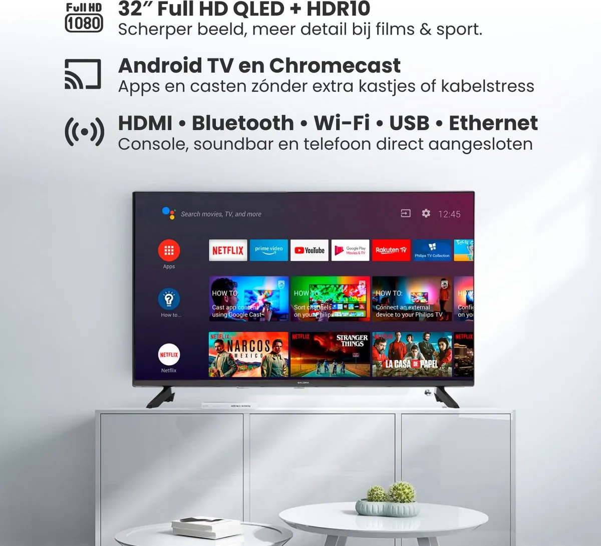 Salora QLED32TV Smart TV 32 inch - Full HD - Android TV - Zwart