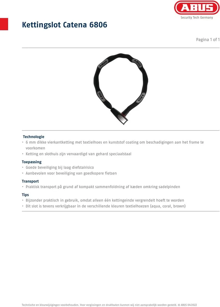 ABUS - Kettingslot - CATENA 6806K 85x6 - Grijze Bliksem
