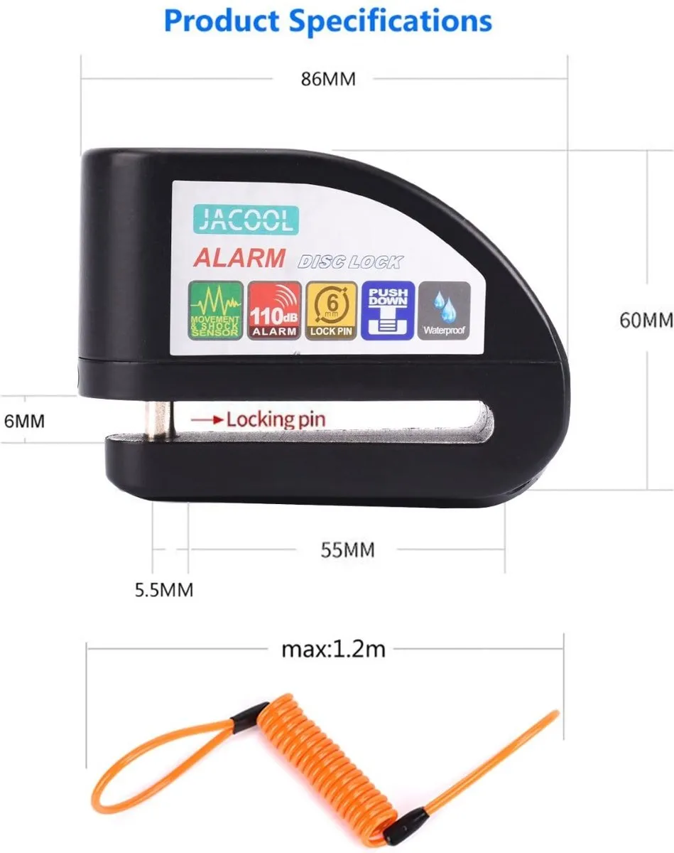 VINZ Elbroes Schijfremslot Alarm 6mm - Zwart - afbeelding 4 van 4