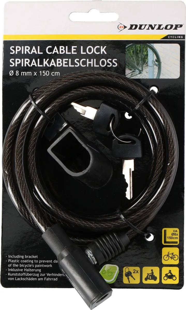 Dunlop Spiraalslot 8x1500mm - 2 Sleutels - Zwart