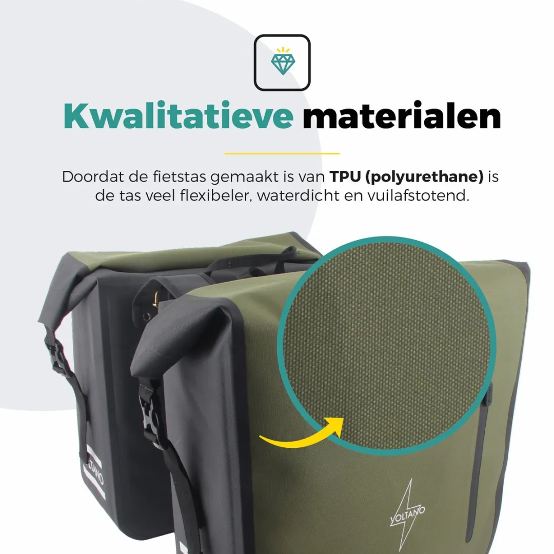 Voltano Dubbele Fietstas Rolltop Luxe 48L - Zwart/Olijfgroen