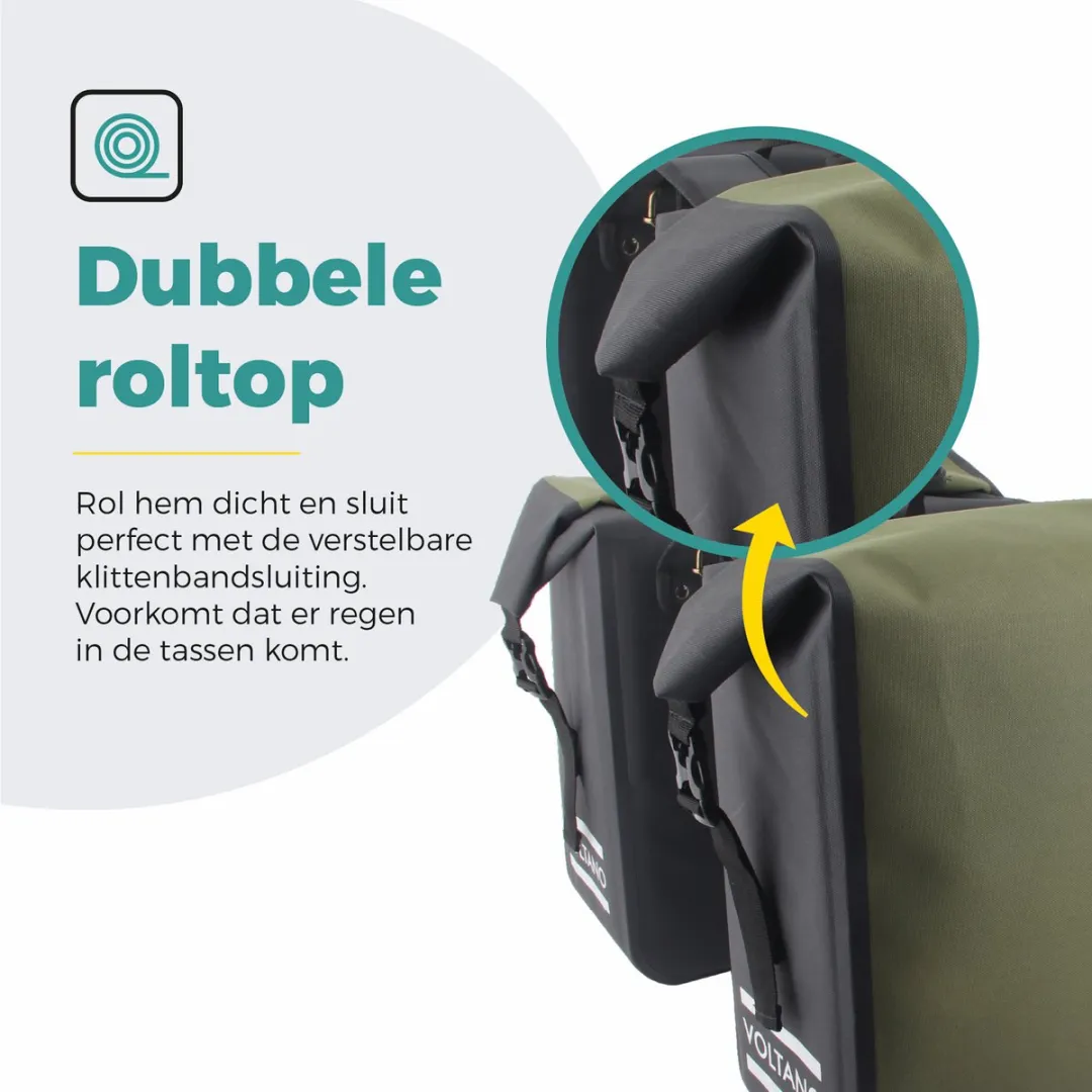 Voltano Dubbele Fietstas Rolltop Luxe 48L - Zwart/Olijfgroen