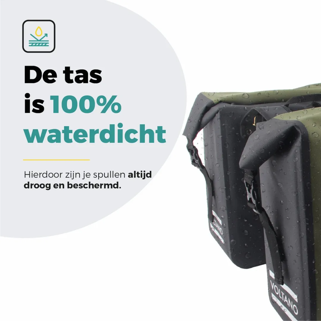 Voltano Dubbele Fietstas Rolltop Luxe 48L - Zwart/Olijfgroen