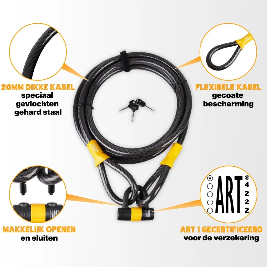 VINZ Kibo Kabelslot 500cm - ART 1 - VBV & CCV Goedgekeurd - 20mm - Zwart