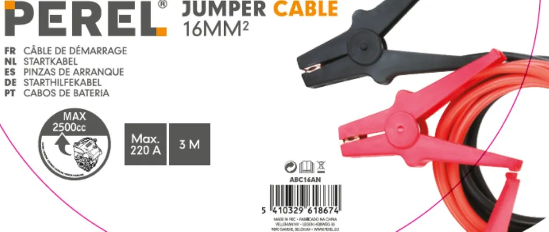 Perel Startkabelset 16mm² 12/24V - 3m - TÜV/GS/DIN gecertificeerd