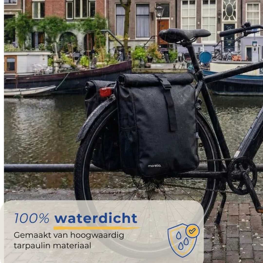 Morelia® Dubbele Fietstas Rolltop - Incl Achterlicht - Fietstassen Electrische Fietsen - Fietstassen Dubbel- 48 Liter - 100% Waterdicht - Tarpaulin materiaal - Zwart