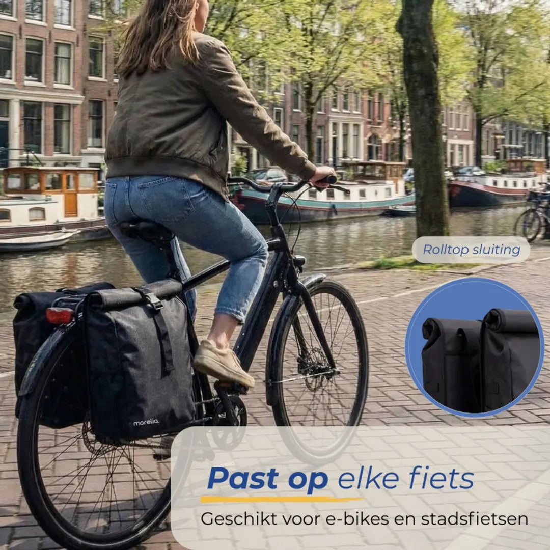 Morelia® Dubbele Fietstas Rolltop - Incl Achterlicht - Fietstassen Electrische Fietsen - Fietstassen Dubbel- 48 Liter - 100% Waterdicht - Tarpaulin materiaal - Zwart