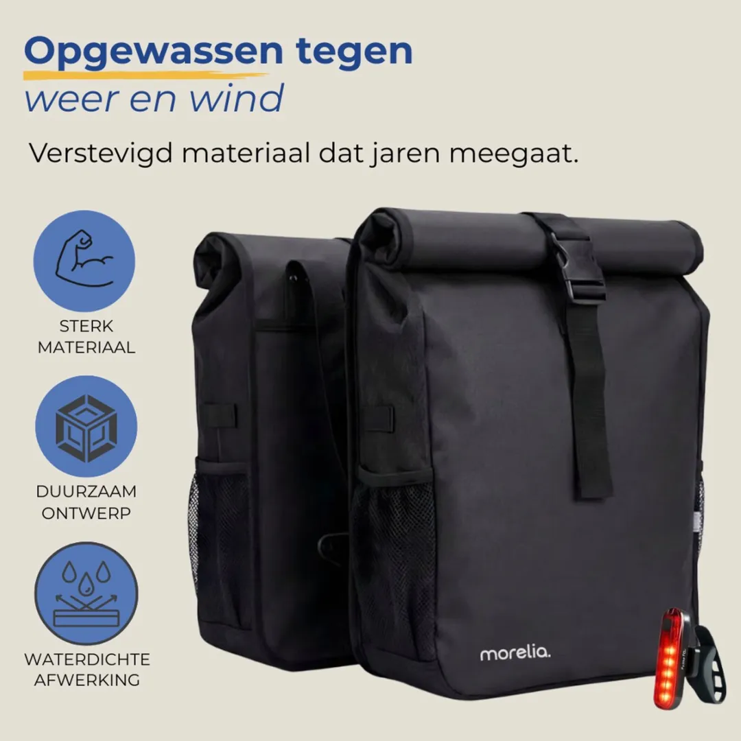 Morelia Dubbele Fietstas Rolltop 48L - Achterlicht Incl - Zwart - afbeelding 6 van 6