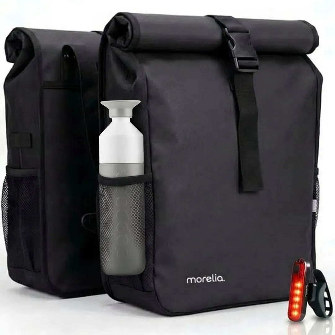 Morelia® Dubbele Fietstas Rolltop - Incl Achterlicht - Fietstassen Electrische Fietsen - Fietstassen Dubbel- 48 Liter - 100% Waterdicht - Tarpaulin materiaal - Zwart