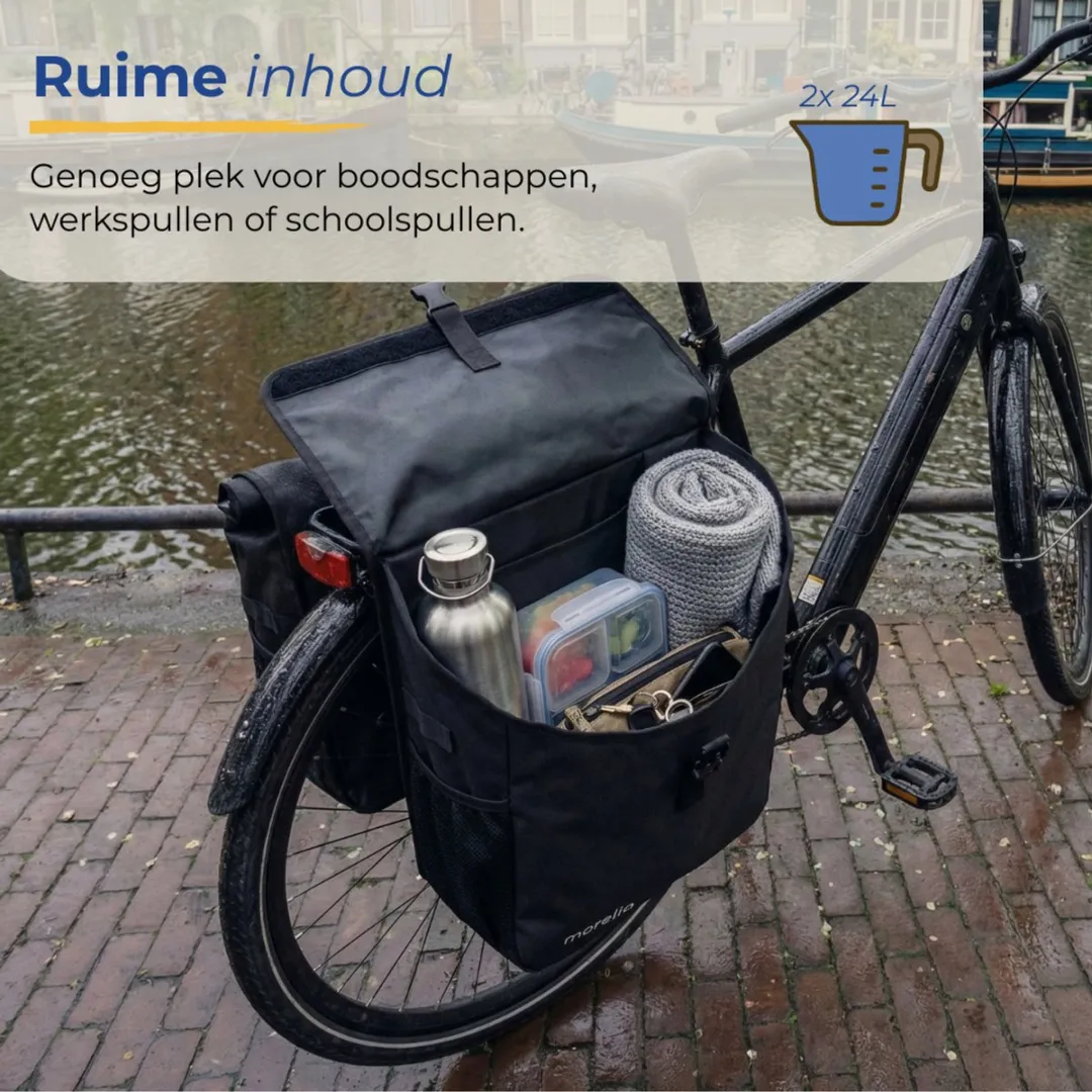 Morelia® Dubbele Fietstas Rolltop - Incl Achterlicht - Fietstassen Electrische Fietsen - Fietstassen Dubbel- 48 Liter - 100% Waterdicht - Tarpaulin materiaal - Zwart