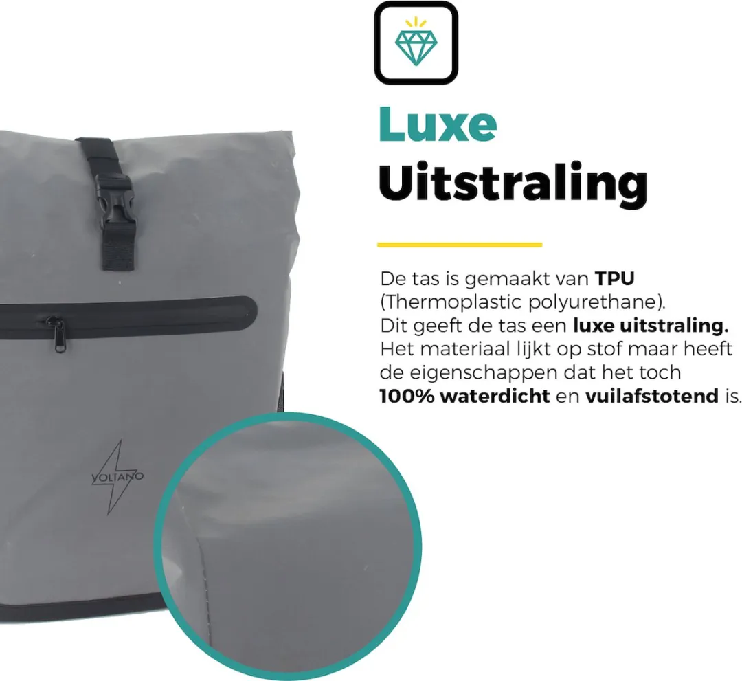 Voltano Luxe E-bike Fietstas / Rugtas - Special Edition - Volledig Reflecterend Grijs - 28L - 100% Waterdicht - Met Schouderband - Groot Laptop Vak - Reflective