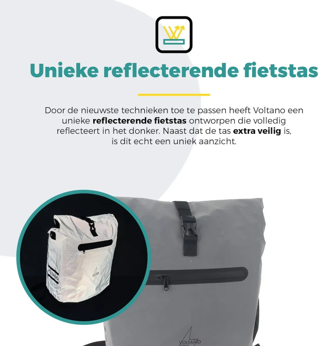 Voltano Luxe E-bike Fietstas / Rugtas - Special Edition - Volledig Reflecterend Grijs - 28L - 100% Waterdicht - Met Schouderband - Groot Laptop Vak - Reflective
