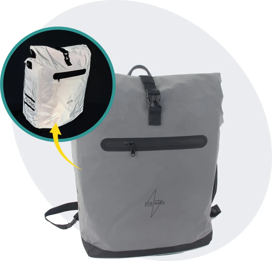 Voltano Luxe E-bike Fietstas / Rugtas - Special Edition - Volledig Reflecterend Grijs - 28L - 100% Waterdicht - Met Schouderband - Groot Laptop Vak - Reflective