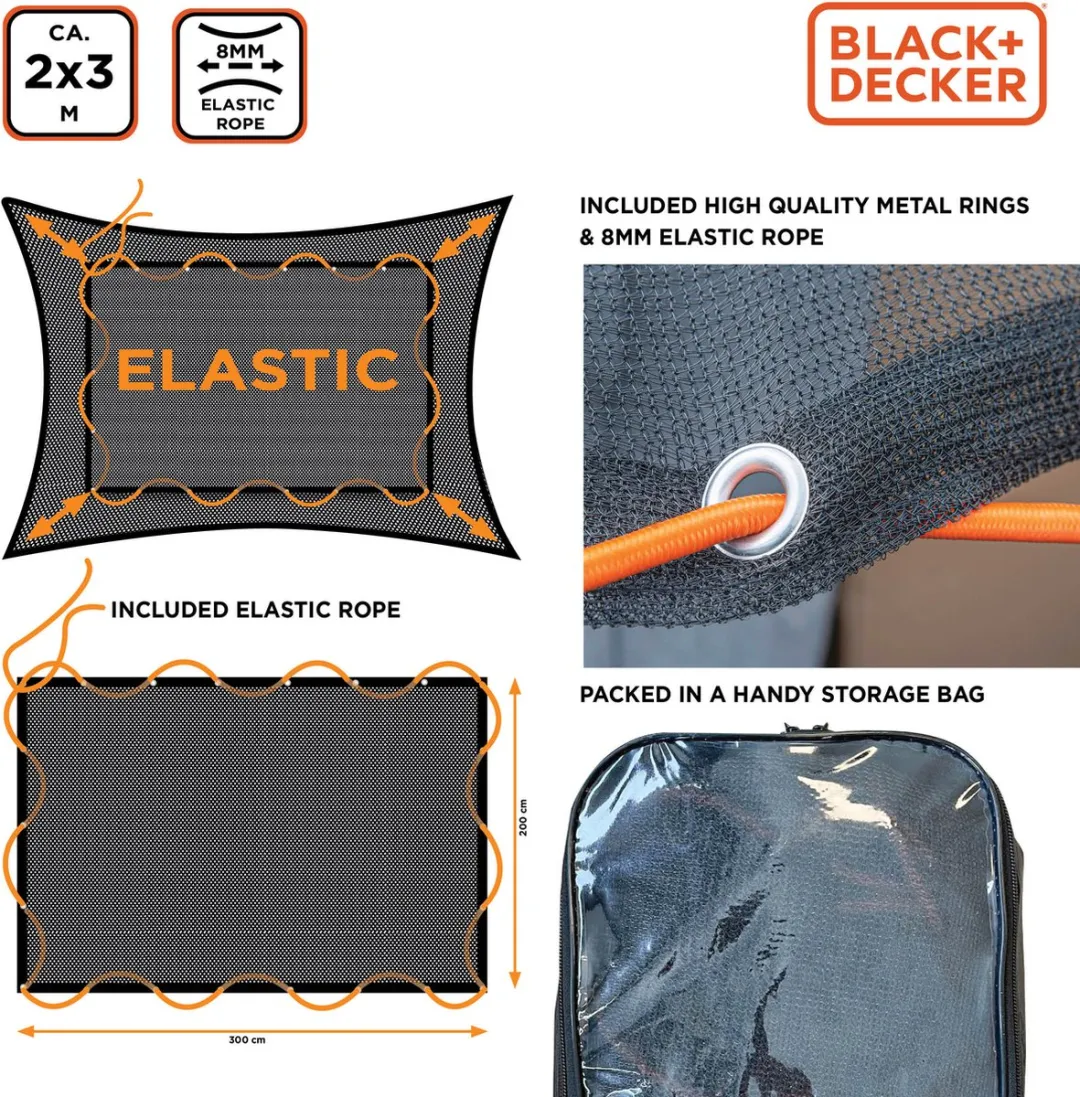 BLACK+DECKER Aanhangwagennet 2x3m - 8mm Elastiek - Zwart