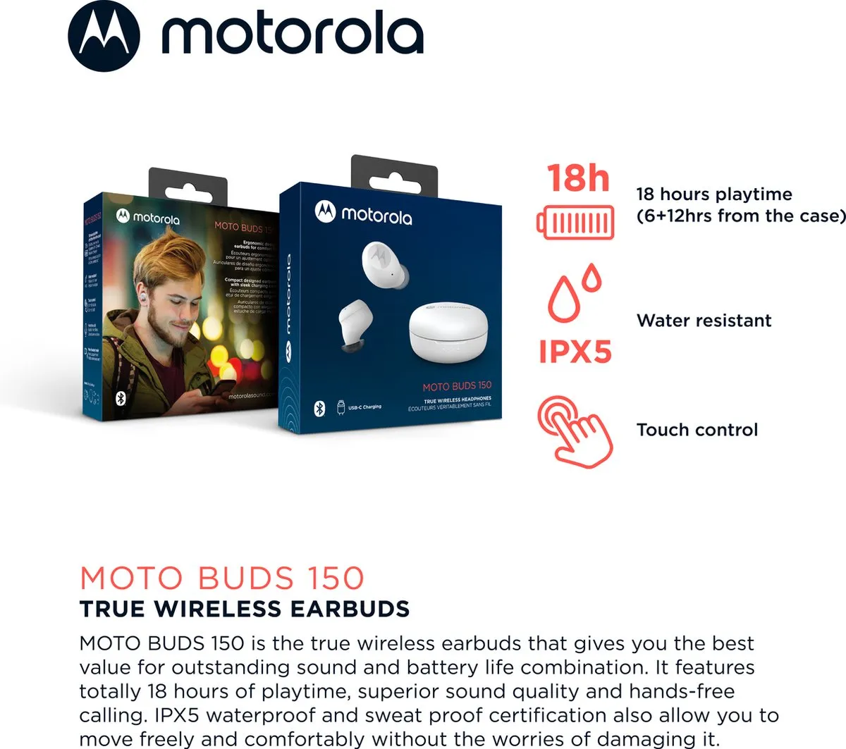Motorola Moto Buds 150 In-Ear Oordopjes - Wit