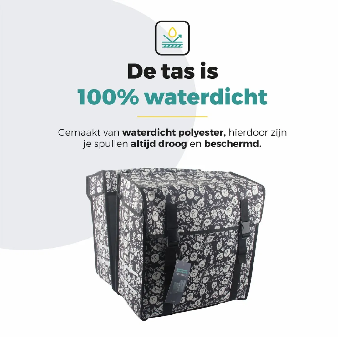 Voltano Dubbele Fietstas XXL Midnight Blossom 60L - Zwart met witte bloemen