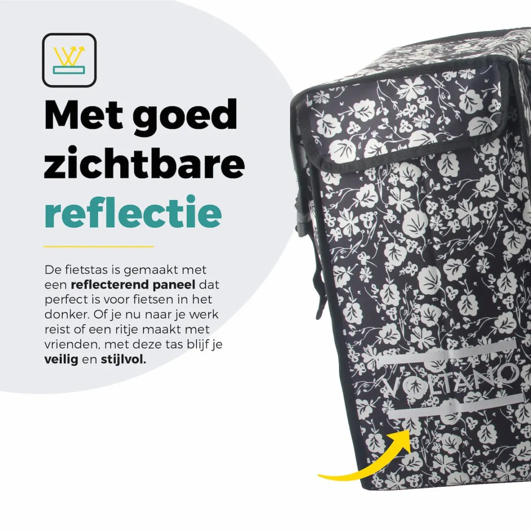 Voltano Dubbele Fietstas XXL Midnight Blossom 60L - Zwart met witte bloemen - afbeelding 6 van 6