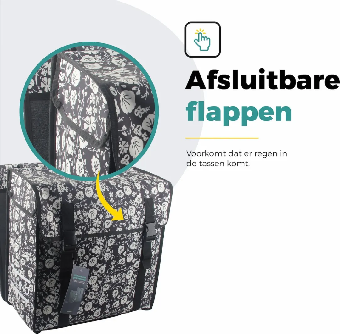 Voltano Dubbele Fietstas XXL Midnight Blossom 60L - Zwart met witte bloemen