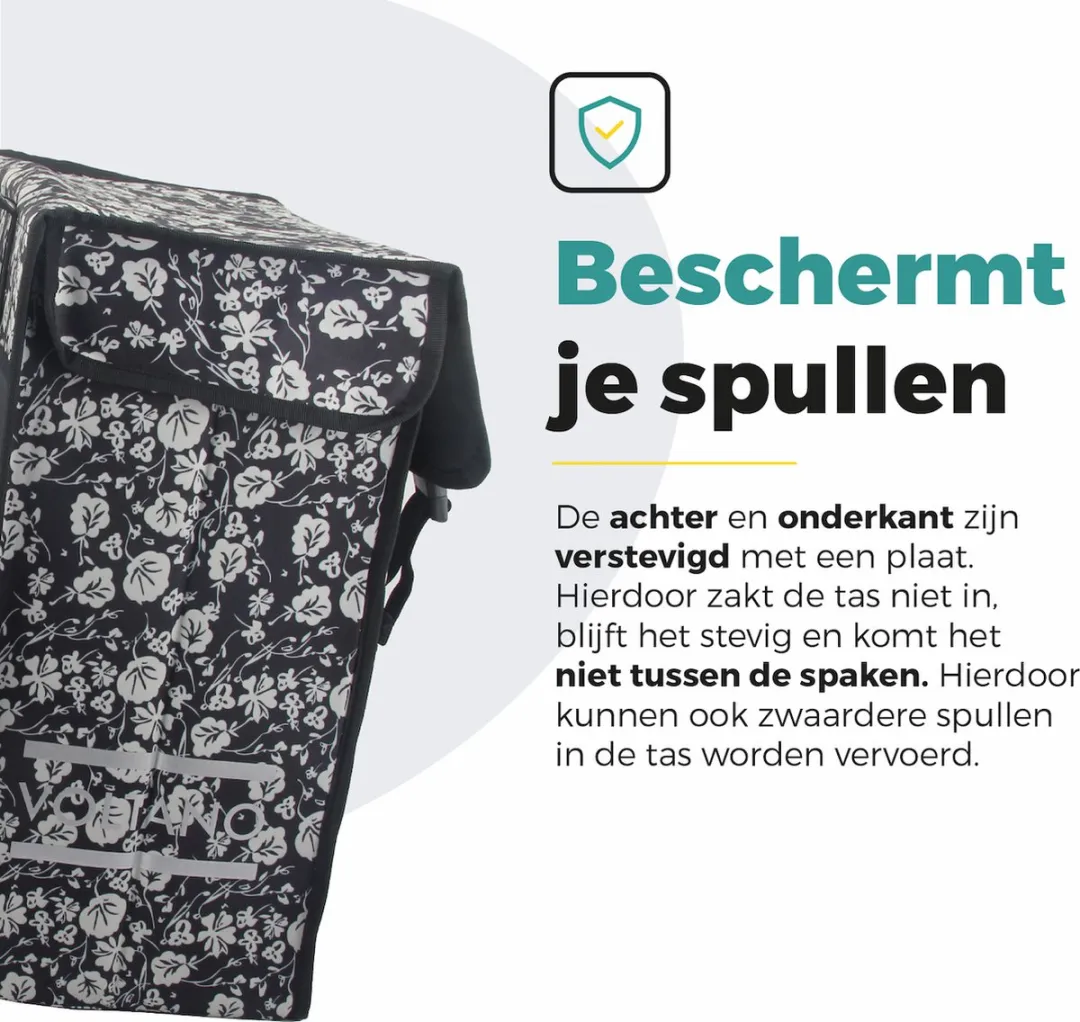 Voltano Dubbele Fietstas XXL Midnight Blossom 60L - Zwart met witte bloemen