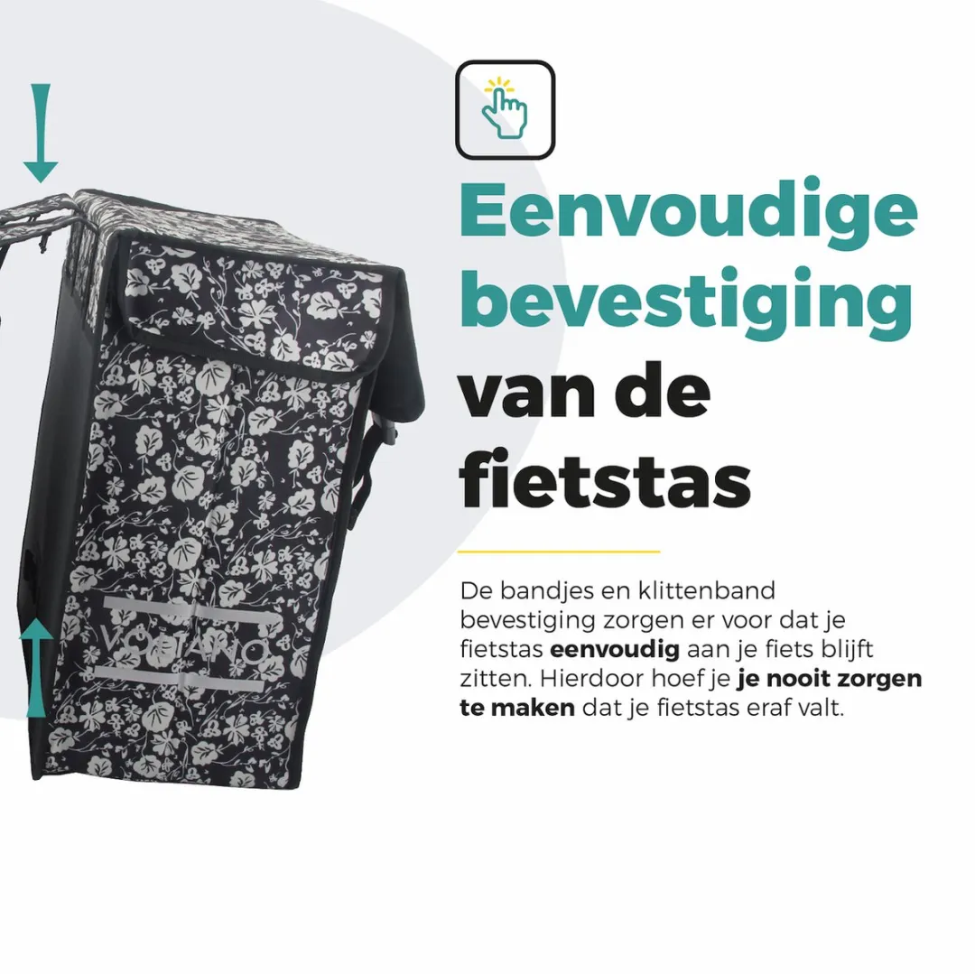 Voltano Dubbele Fietstas XXL Midnight Blossom 60L - Zwart met witte bloemen