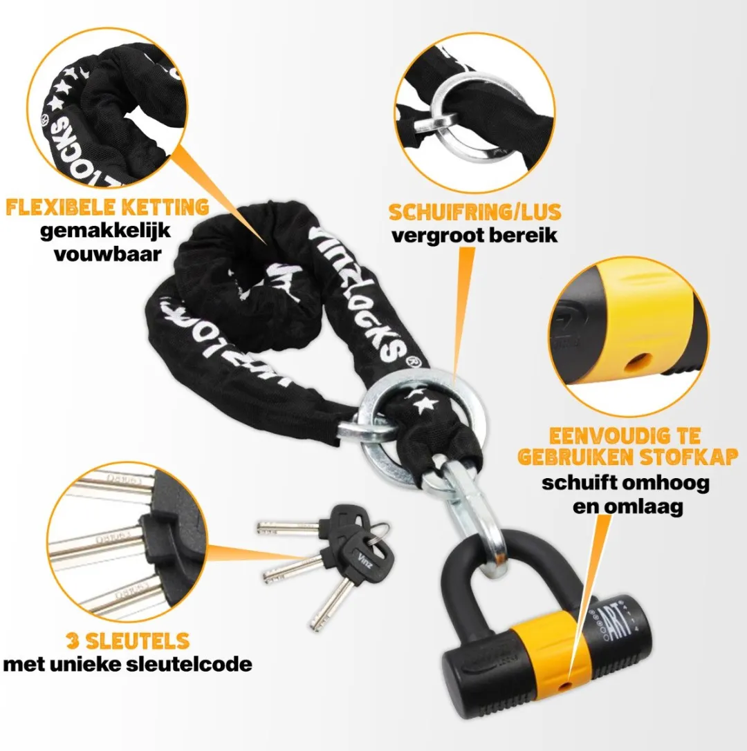 VINZ Kungur ART 3 Slot - 150cm Lang Kettingslot - Goedgekeurd Scooterslot / Fietsslot Verzekering