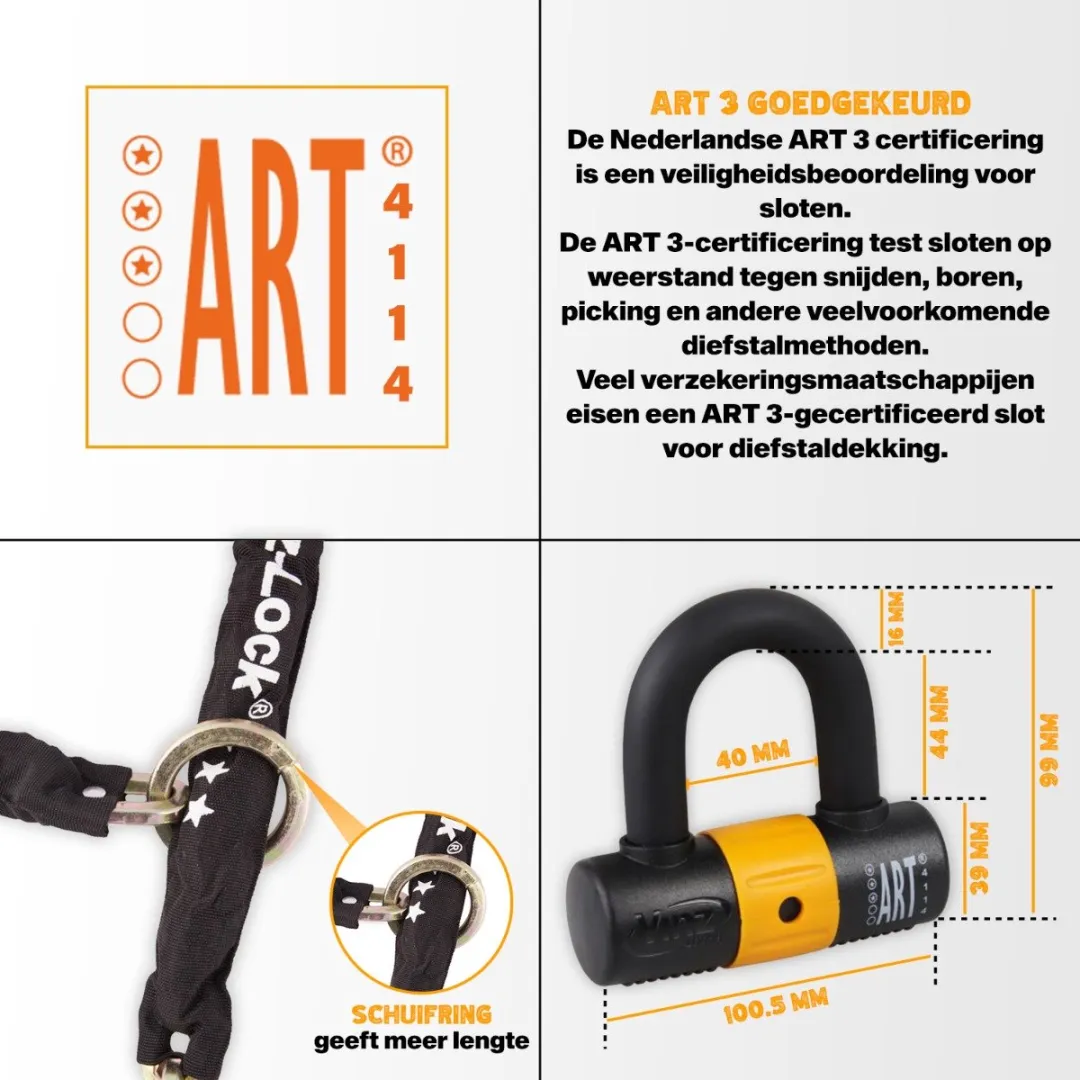 VINZ Kungur ART 3 Slot - 150cm Lang Kettingslot - Goedgekeurd Scooterslot / Fietsslot Verzekering