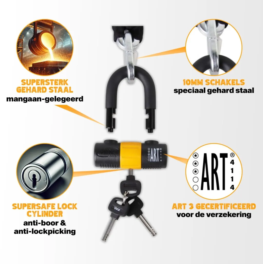 VINZ Kungur ART 3 Slot - 150cm Lang Kettingslot - Goedgekeurd Scooterslot / Fietsslot Verzekering