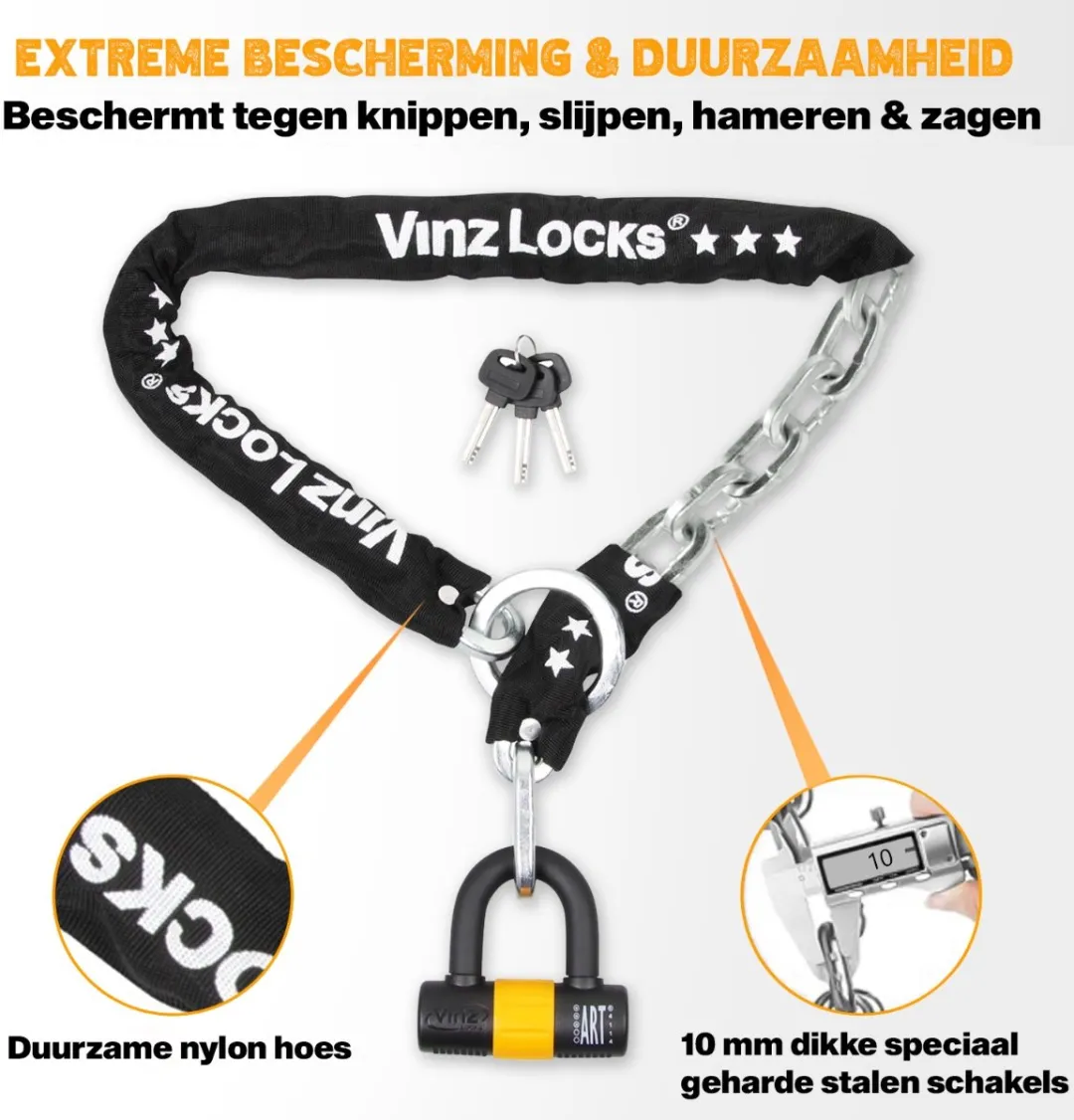 VINZ Kungur ART 3 Slot - 150cm Lang Kettingslot - Goedgekeurd Scooterslot / Fietsslot Verzekering