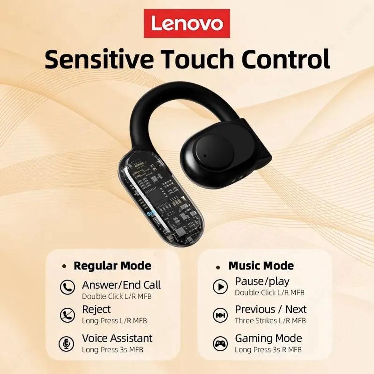 Lenovo LP76 Bluetooth Oordopjes - Oorhaak - Zwart