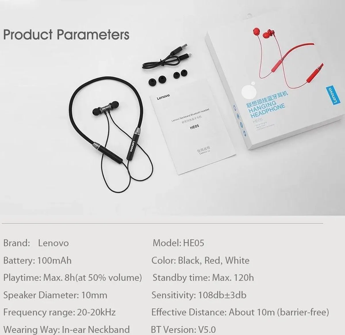 Lenovo HE05 Draadloze Nekband Headset - Zwart - afbeelding 6 van 6