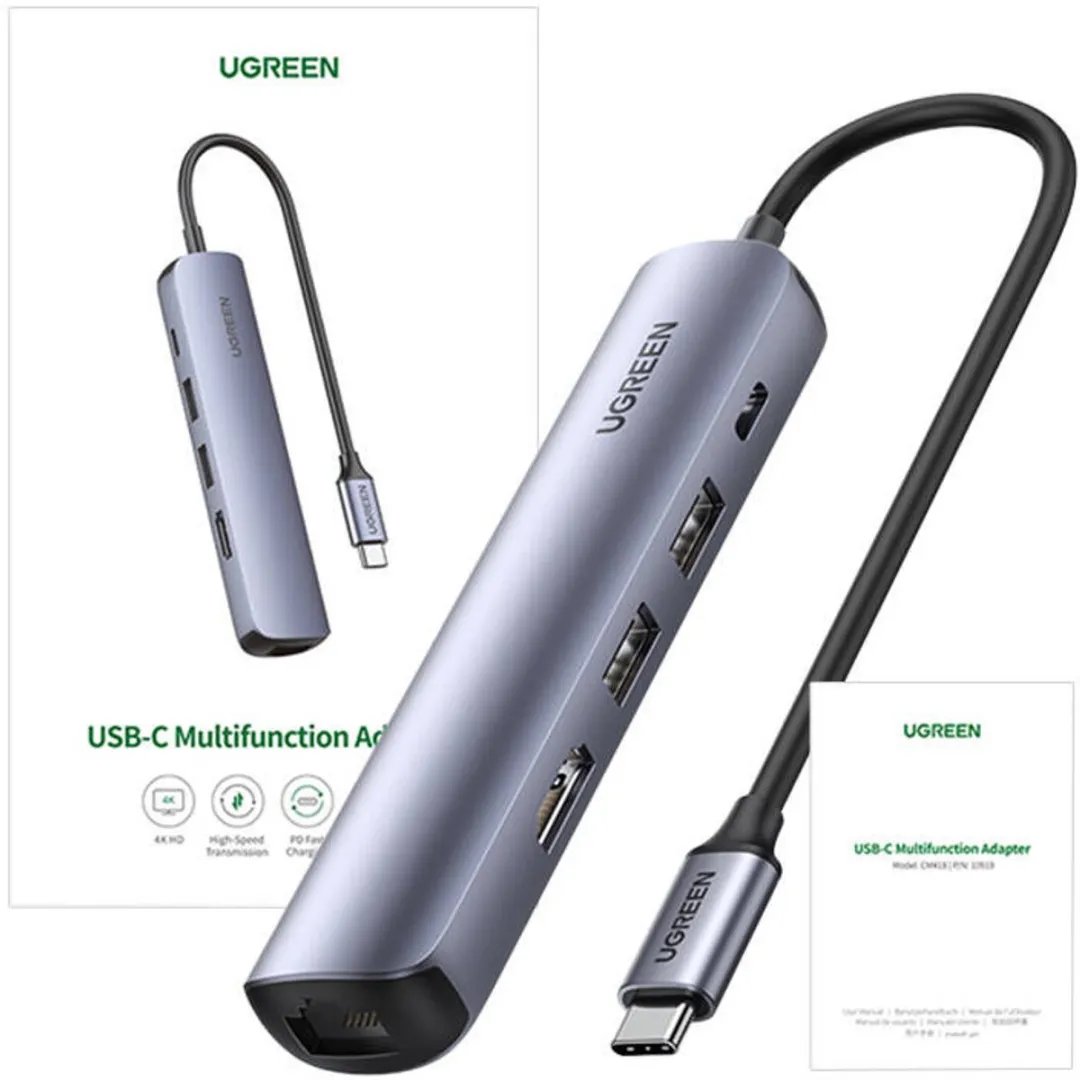 UGREEN Revodok CM418 USB-C Hub - HDMI 4K 30Hz, 2x USB, RJ45 1Gbps, PD 100W - Grijs - afbeelding 2 van 3