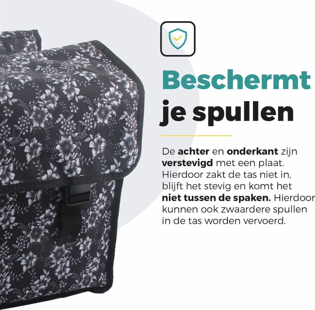 Voltano Dubbele Fietstas Floral Elegance 38L - Zwart met witte bloemen