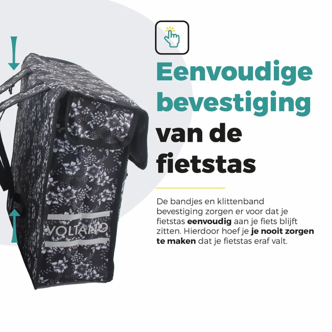 Voltano Dubbele Fietstas Floral Elegance 38L - Zwart met witte bloemen