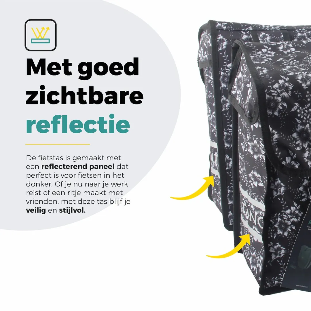 Voltano Dubbele Fietstas Floral Elegance 38L - Zwart met witte bloemen - afbeelding 6 van 6
