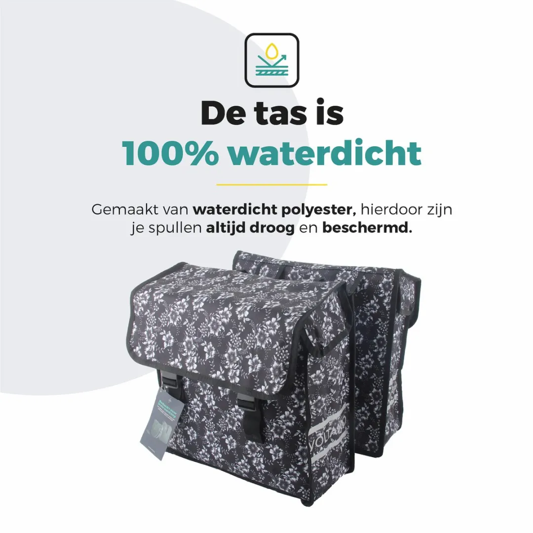 Voltano Dubbele Fietstas Floral Elegance 38L - Zwart met witte bloemen