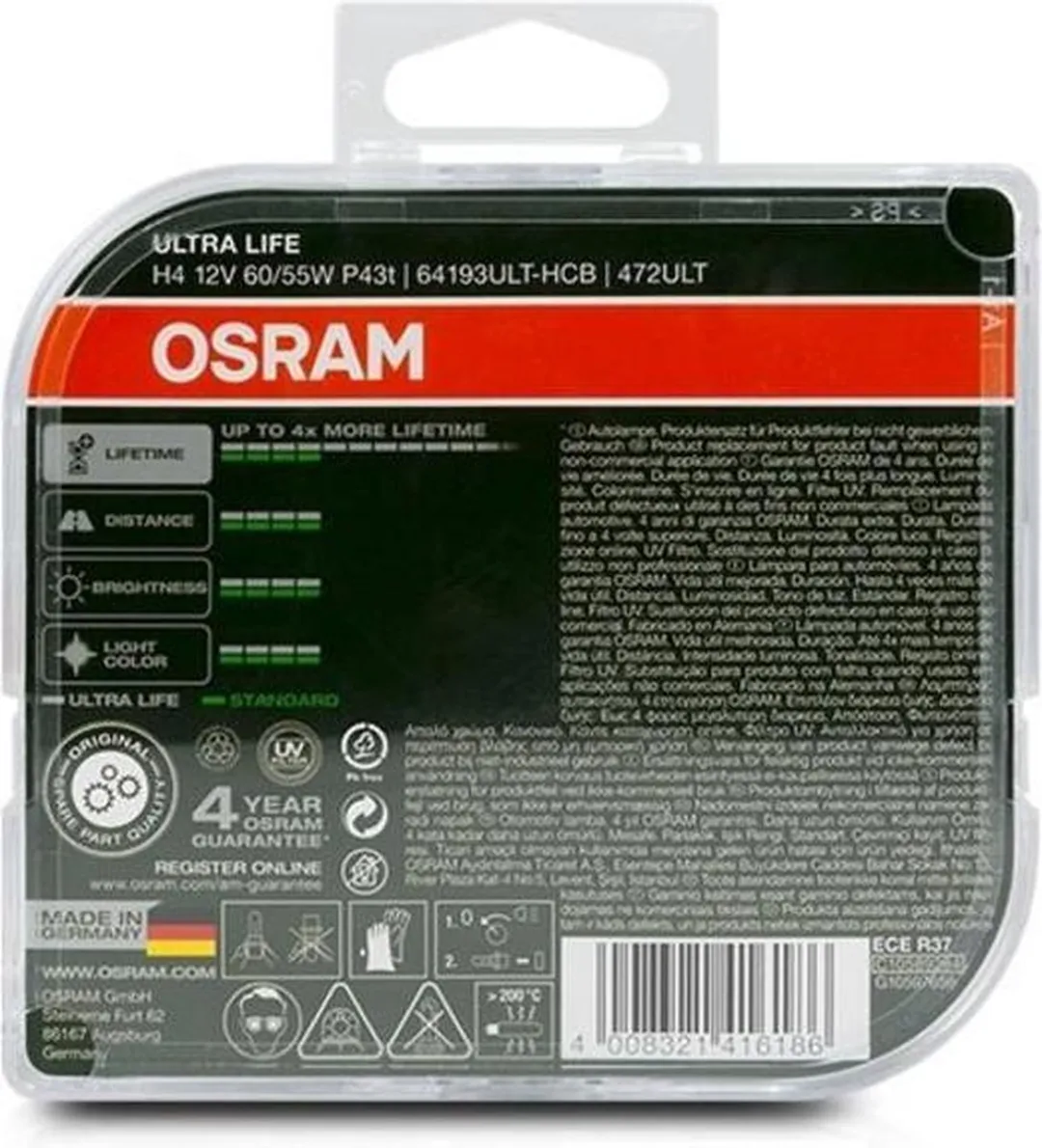 Osram Ultra Life H4 Autolamp 12V 60/55W - afbeelding 6 van 6