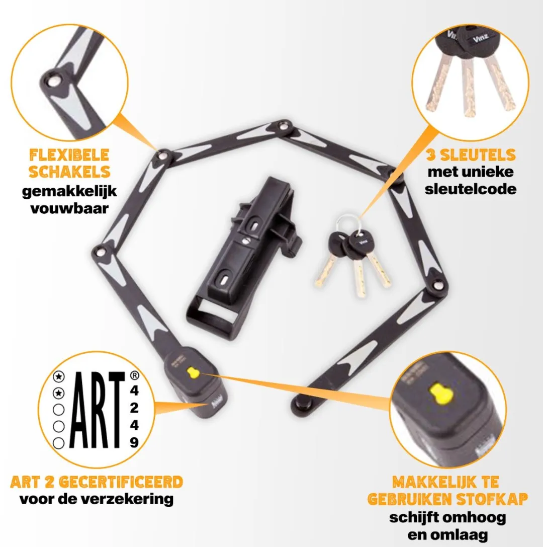 VINZ Lhotse ART 2 Vouwslot 95cm - Fietsslot - Zwart