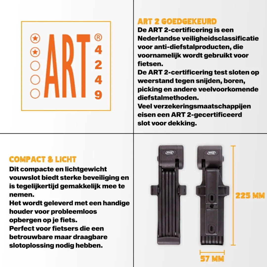 VINZ Lhotse ART 2 Vouwslot 95cm - Fietsslot - Zwart