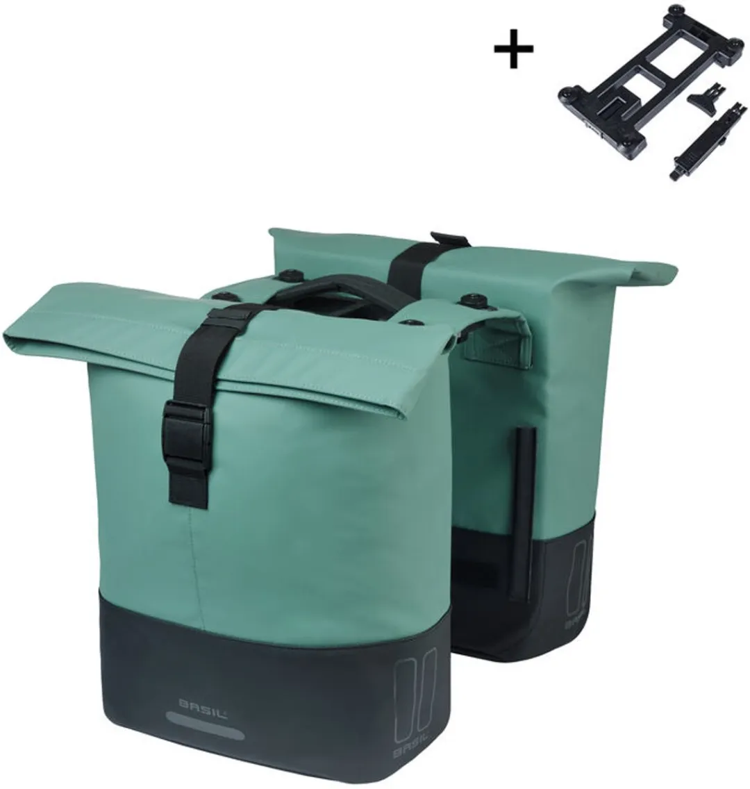 Basil Cove - Dubbele fietstas - 28-32 liter - Incl. MIK adapterplaat - Waterafstotend - Reflectie details - Gerecycled materiaal - groen/zwart