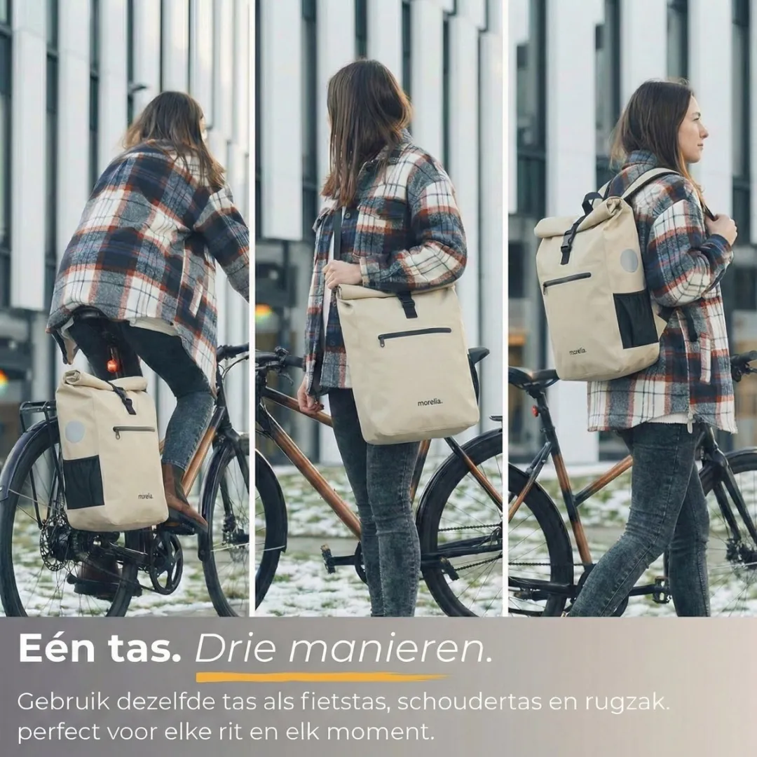 Morelia® Fietstas - Fietstassen Electrische Fietsen - Fietstassen Enkele - Incl Achterlicht - 28 Liter - 100% Waterdicht - Tarpaulin materiaal - Beige